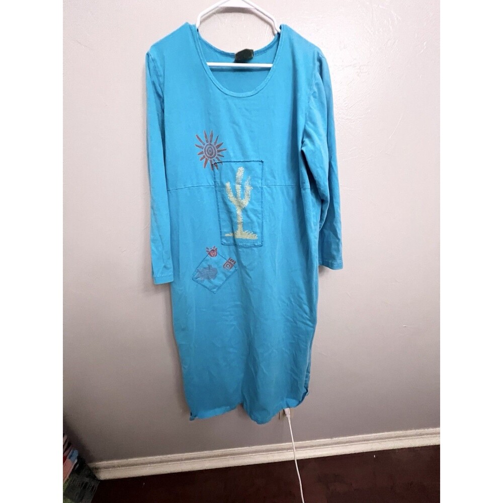 Vintage Blue Cactus Dress Size Large Blue Maxi Painted Cotton Southwest Artsy